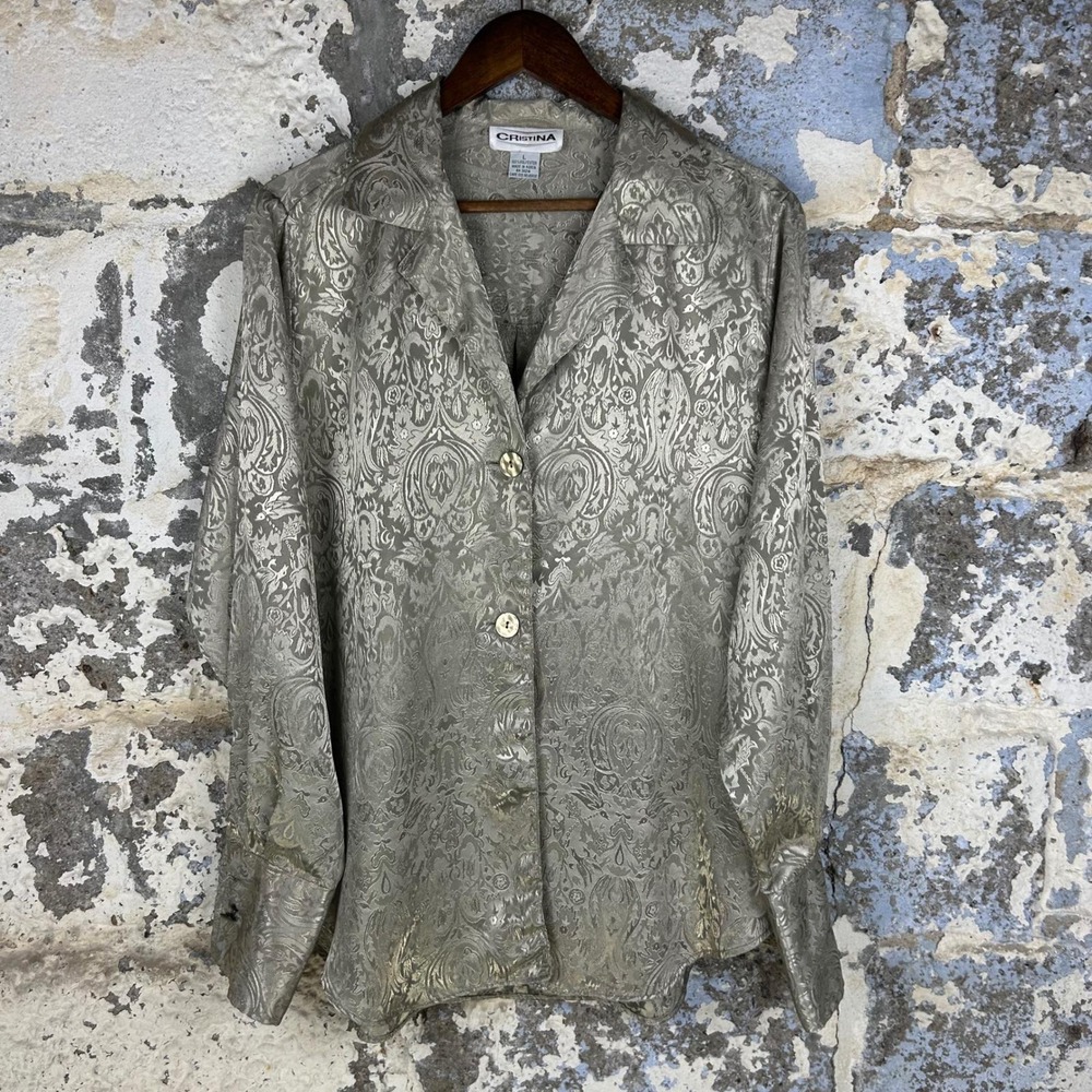 Vintage 90's Cristina Paisley Jacquard Blouse Gold Metallic Button Up Large